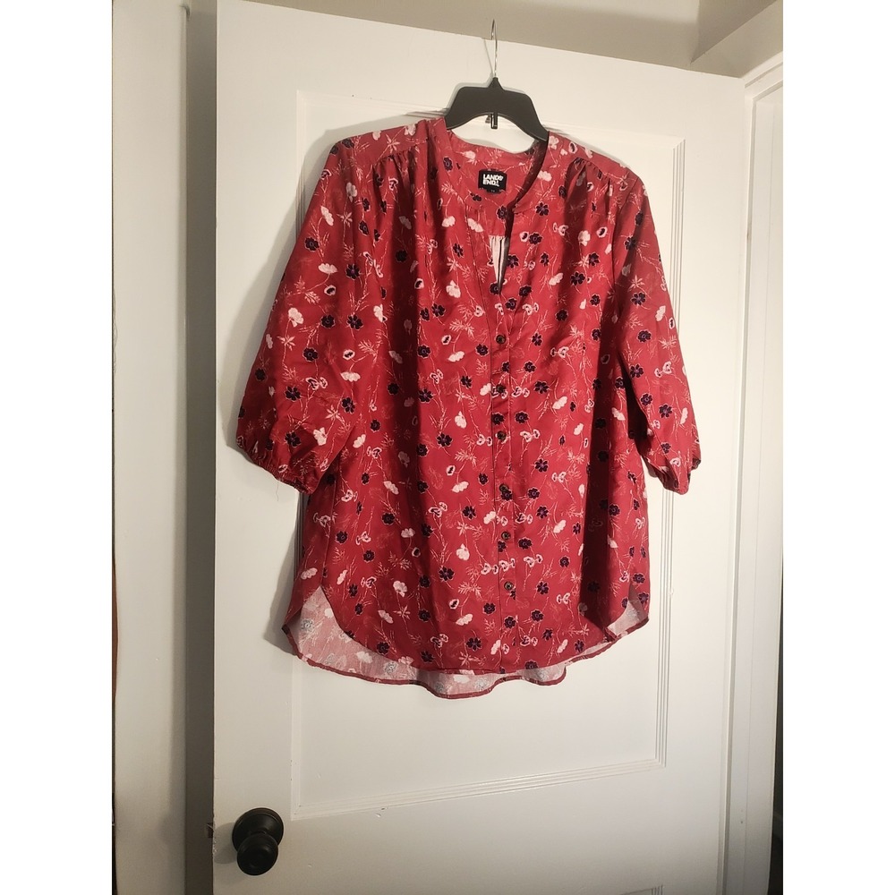 Lands' End Women's 1X 16W-18W Red Floral Button Front Blouse 3/4 Sleeve